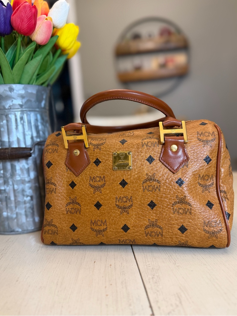 MCM Visetos Boston Satchel in Cognac/Tan